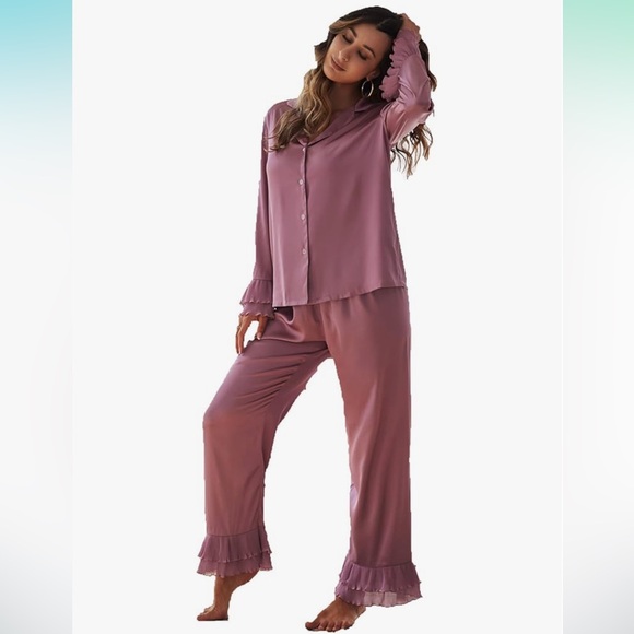 Women's Satin Notch Collar Blouse and Ruffle Hem Pants PJ Set - Picture 1 of 5